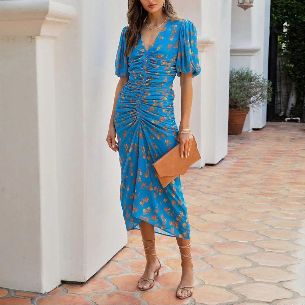 Endless Rose Blue Floral Ruched Midi Dress